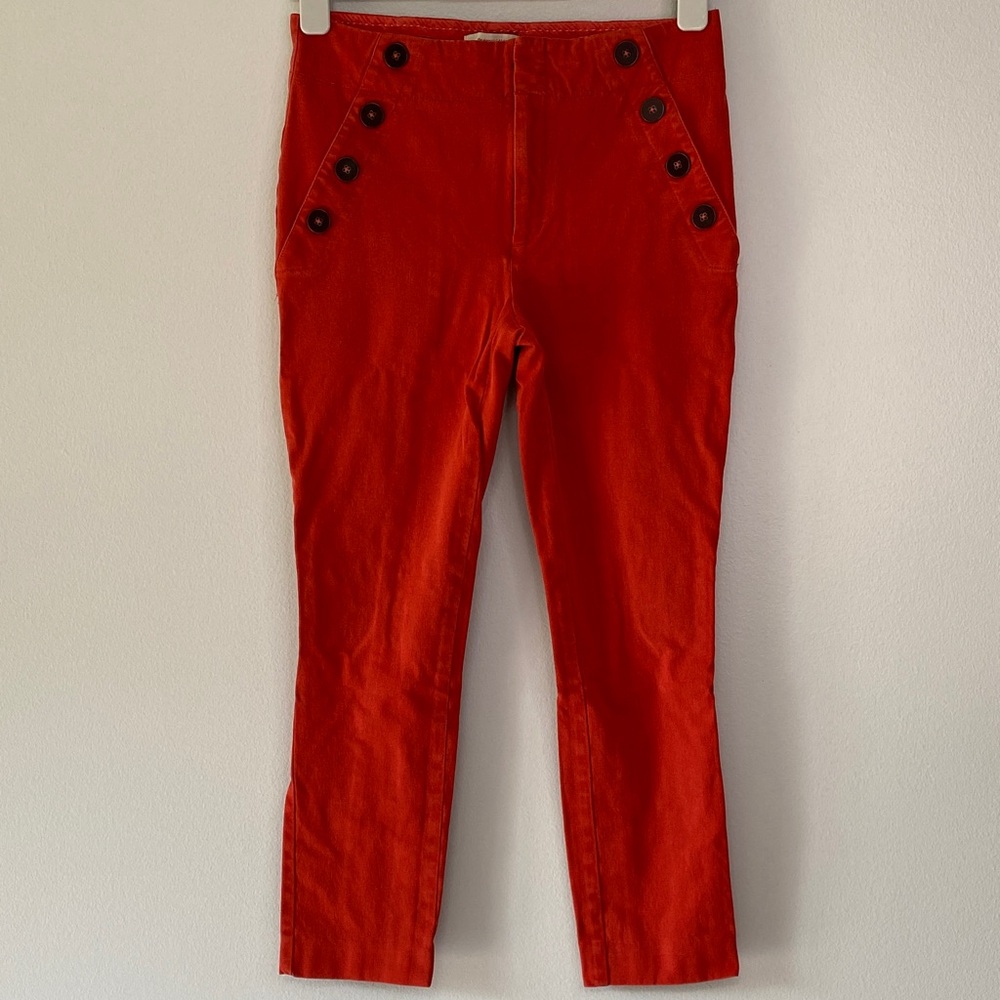 Anthropologie The Essential Slim Bright Red Button-Accent Pants Size 4